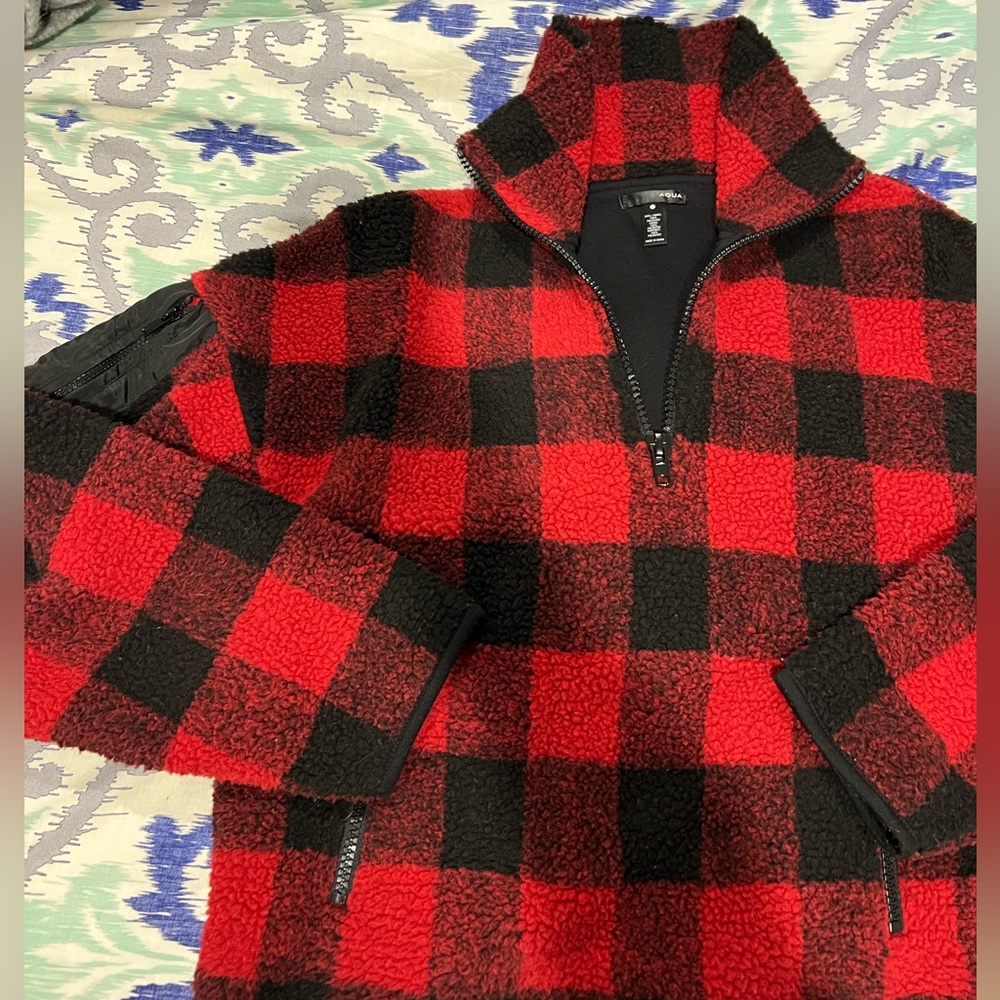 AQUA Red and Black Fuzzy Jacket